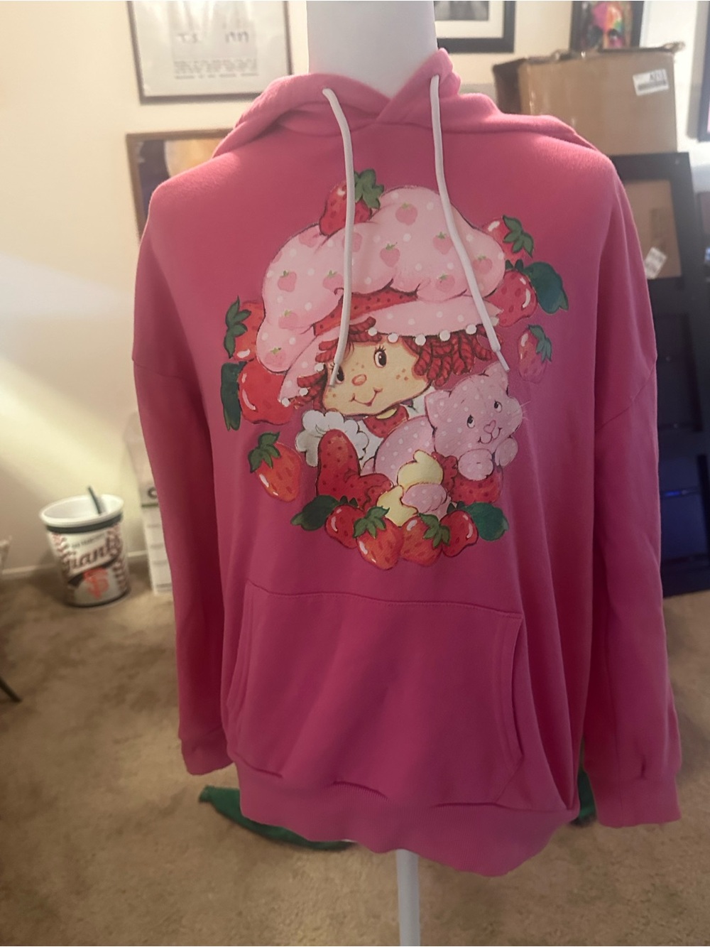 Women's Pink Strawberry Character Hoodie Sweatshirt - Cute Graphic Pullover